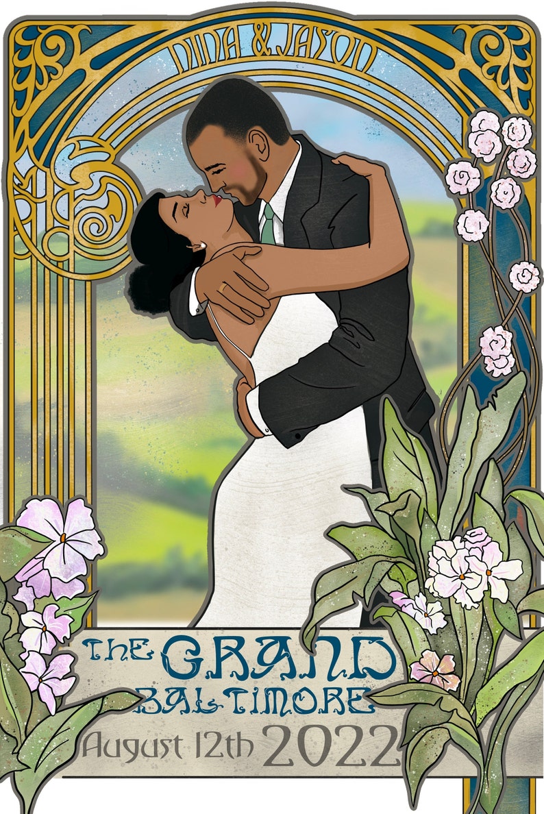 May include: A wedding invitation with an art deco design featuring a couple kissing in front of a landscape. The text reads "Nina & Jason" and "The Grand Baltimore August 12th 2022".