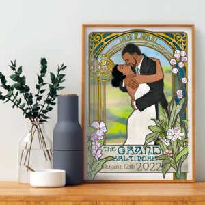May include: A wedding invitation with an art deco design featuring a couple kissing in front of a floral arch. The text reads "The Grand Baltimore August 12th 2022".