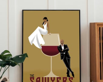 Retro Signature Cocktail Wedding Poster, Custom Couple Portrait (Digital Download)