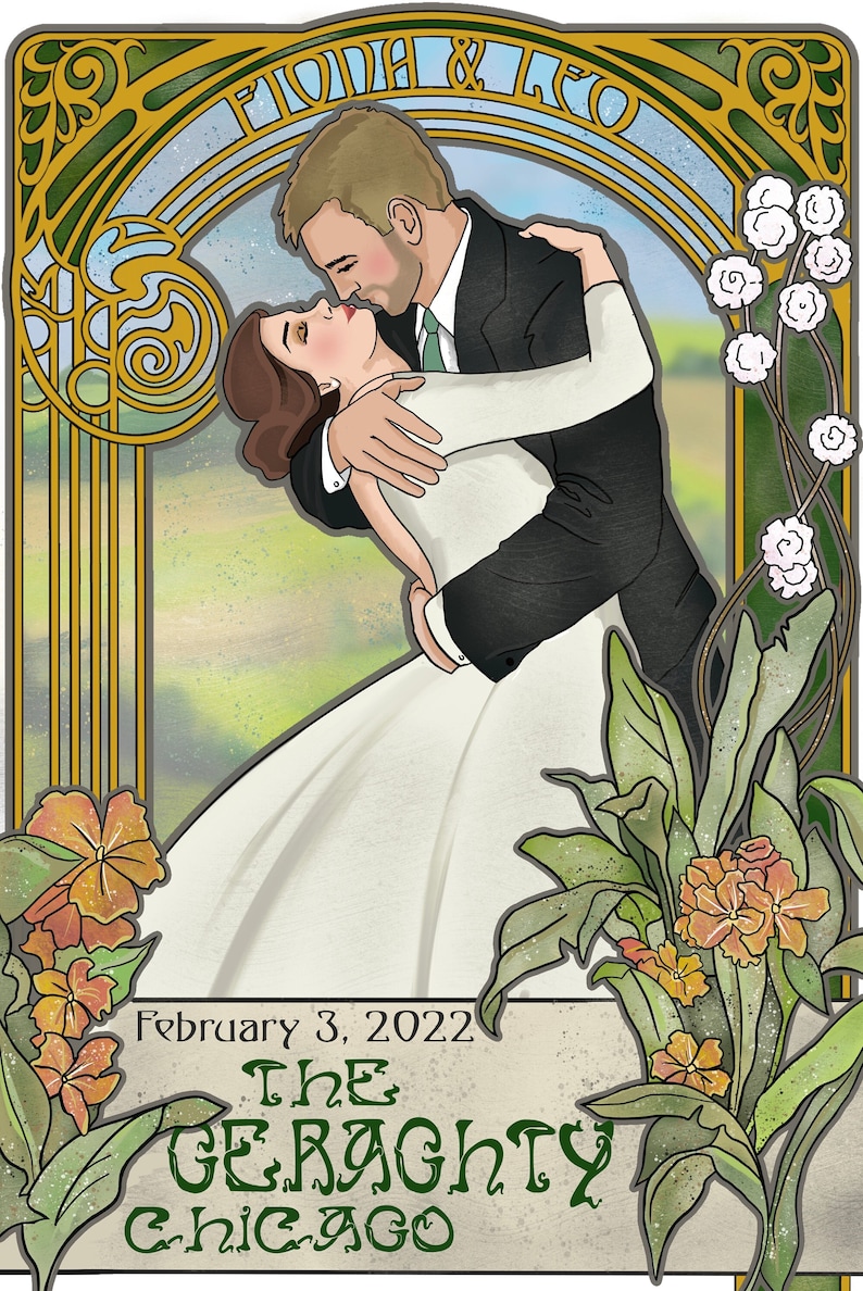 Custom Art Nouveau Wedding Poster, Personalized Art Deco Couple Gift image 8