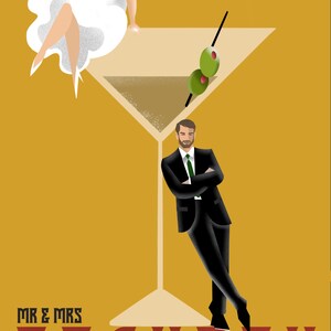 May include: A wedding invitation with a yellow background and a martini glass. The bride is sitting on the rim of the glass and the groom is leaning against the stem. The text "MR & MRS GRAYSON" is in red and the date "AUGUST 12TH, 2024" is in black.