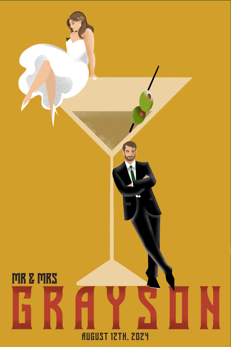 May include: A wedding invitation with a yellow background and a martini glass. The bride is sitting on the rim of the glass and the groom is leaning against the stem. The text "MR & MRS GRAYSON" is in red and the date "AUGUST 12TH, 2024" is in black.