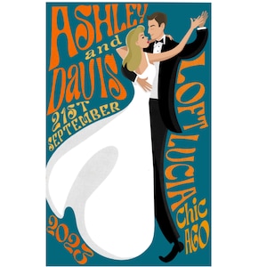 Retro Hochzeit Custom Print Poster, 70er Jahre Personalisiertes Andenken, Hochzeitsgeschenk, Braut & Bräutigam, Paar Portrait