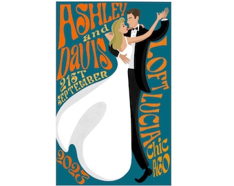 Retro Wedding Custom Print Poster, 70's Personalized Keepsake Art, Unique Reception Sign, Anniversary Gift, Bride & Groom, Couple Portrait