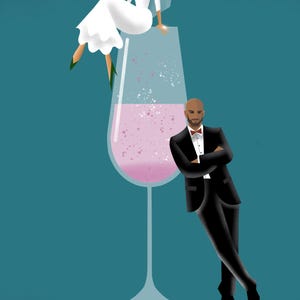 May include: A wedding invitation with a graphic of a bride sitting on a champagne flute and a groom standing next to it. The text "VEE & JORDAN" is at the bottom of the invitation with the date "SEPTEMBER 3RD, 2024".