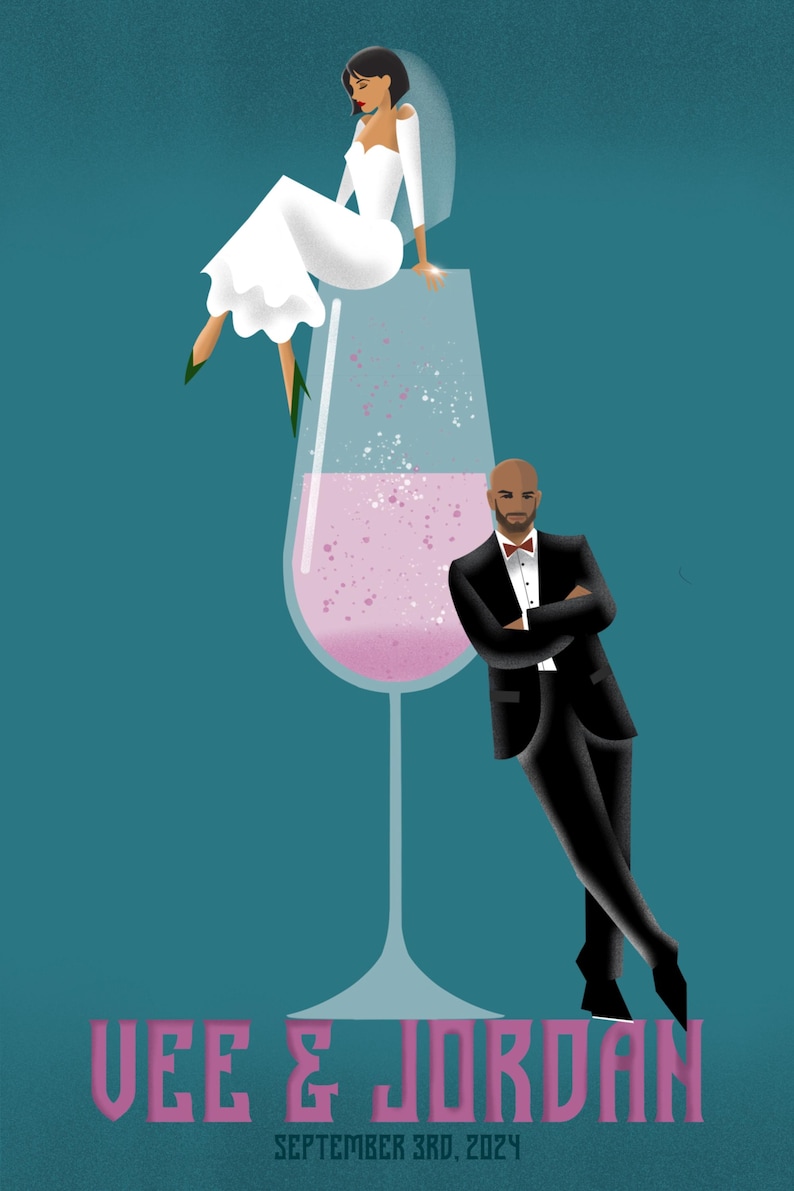 May include: A wedding invitation with a graphic of a bride sitting on a champagne flute and a groom standing next to it. The text "VEE & JORDAN" is at the bottom of the invitation with the date "SEPTEMBER 3RD, 2024".