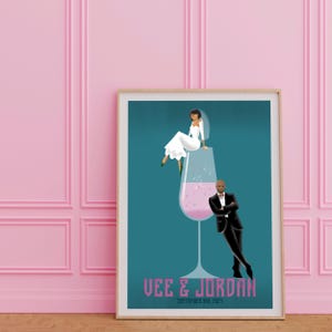May include: A teal blue wedding invitation with a cartoon illustration of a bride and groom. The bride is sitting on the rim of a champagne flute filled with pink bubbly. The groom is standing on the base of the flute. The text "Vee & Jordan" and "September 3rd, 2024" is printed in pink.