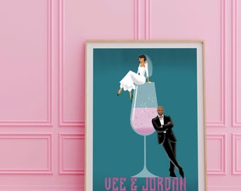 Signature Cocktail Sign, Retro Wedding Custom Print Poster, Personalized Art, Plus Bride & Groom, Couple Portrait, Unique Reception Decor