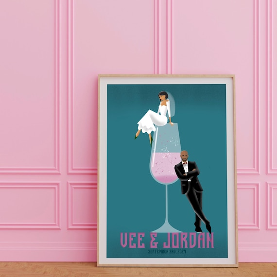 Signature Cocktail Sign, Retro Wedding Custom Print Poster, Personalized Art, Plus Bride & Groom, Couple Portrait, Unique Reception Decor