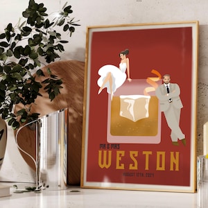 May include: A red background with a stylized illustration of a cocktail glass with a woman and a man standing on the rim. The text "Mr. & Mrs. Weston August 12th, 2021" is at the bottom of the image.