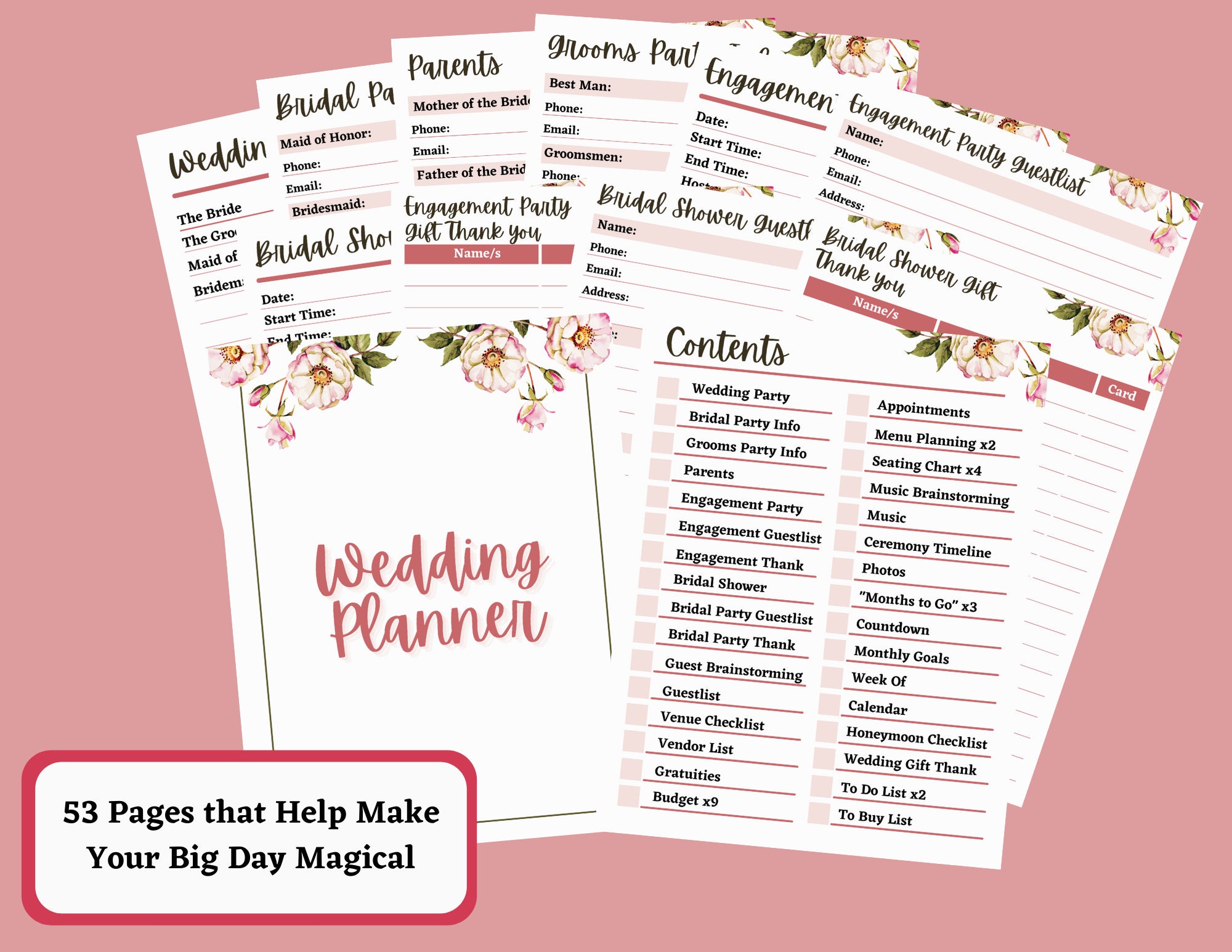 Pink Floral Wedding Planner Digital & Printable Etsy España