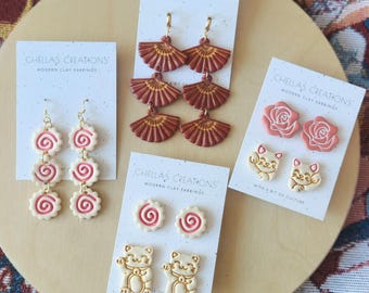 Japanese Inspired Clay Earrings | Maneki Neko Cats, Kamaboko Swirls, Fan Dangles