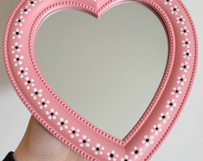 Pink Flor de Barro Heart Mirror | Mexican inspired flower mirrors | Flor de Barro inspired heart mirrors