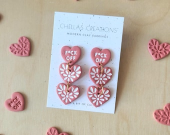 Clay Heart Earrings | F*OFF Floral Dangles, Hypoallergenic Posts