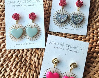 Sacred Heart Dangle Earrings | Polymer Clay, Rose Detail