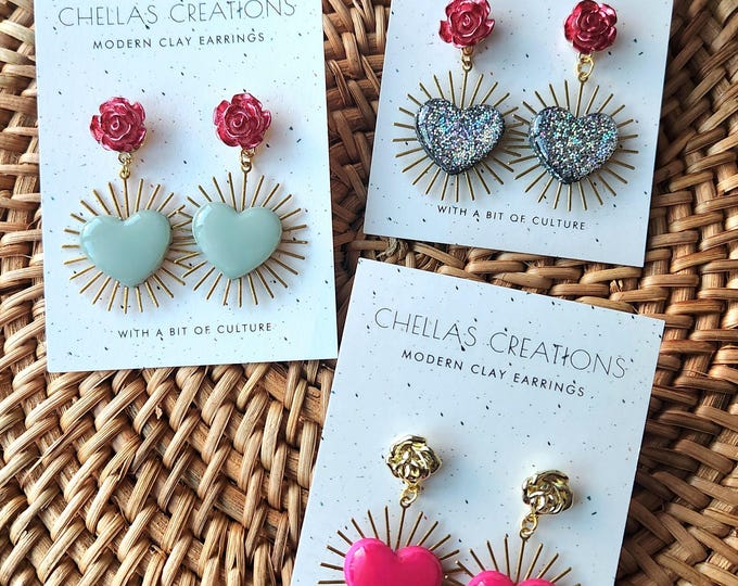 Sacred Heart Dangle Earrings | Polymer Clay, Rose Detail