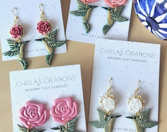 Hummingbird Rose Clay Earrings | Mexican Inspired Spring Jewelry
