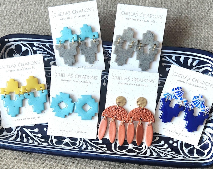 De Aqui Y De Alla Collection | Mexican inspired clay earrings | Talavera earrings | Aztec design clay earrings