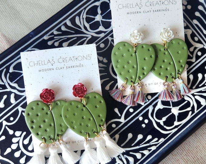 Rose Nopales | Cactus earrings with roses | Mexican nopales cactus earrings | rose earrings