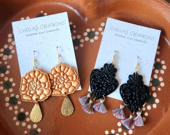 Day of Dead Collection | Dia de Los Muertos earrings | Mexican inspired clay earrings | Marigold and sacred heart earrings