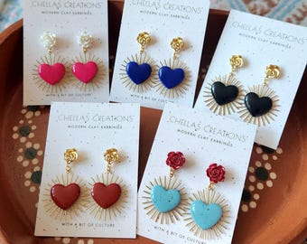 Sacred Hearts Collection | Sacred hearts clay earrings | Heart clay earrings | Mexican inspired sacred heart earrings
