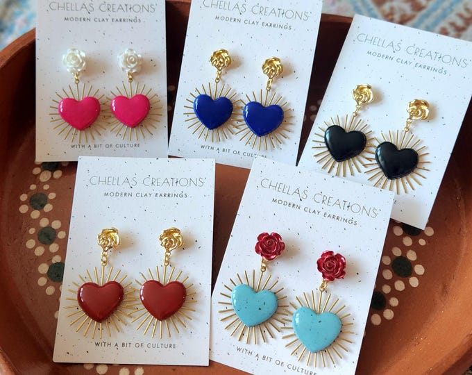 Sacred Hearts Collection | Sacred hearts clay earrings | Heart clay earrings | Mexican inspired sacred heart earrings