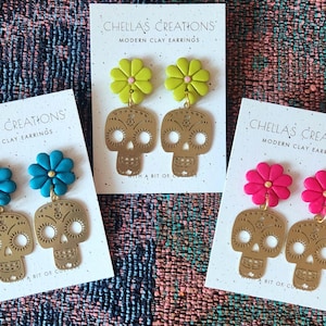 Floral Calveras Collection | Mexican inspired skull earrings | Dia de los muertos inspired earrings | Flower clay earrings