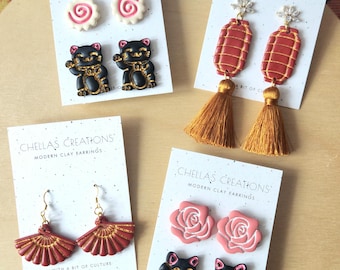 Japanese Maneki Neko Cat Clay Earrings | Spring Collection, San Francisco Inspired