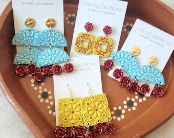 Mexican Inspired Clay Earrings | Rose Charms, Papel Picado, Fan Designs