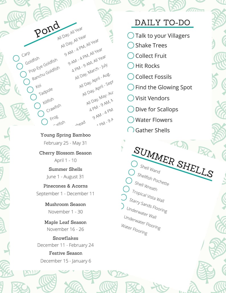 LARGE PRINT Animal Crossing New Horizons Checklist Book Fish, Bugs, and