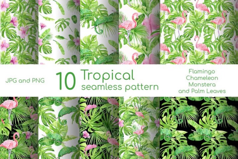PNG SVG Watercolor tropical seamless pattern with pink flamingo SVG Bundle Digital Paper