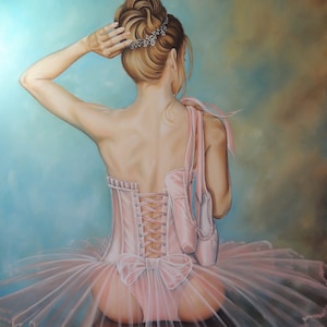 Resting Ballerina in pink holding dancing shoes Original Oil Painting 100% Handmade or Limited Edition Canvas Print