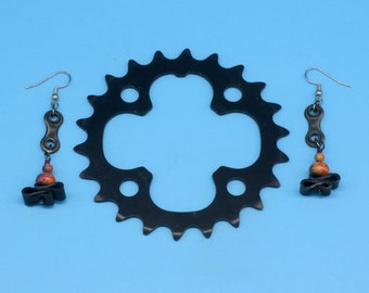 Fun Dangle Earrings made from Bicycle Chain, Colorful Beads and Inner Tube, Gift for Fashionable Female Cyclist, Recycled Jewelry