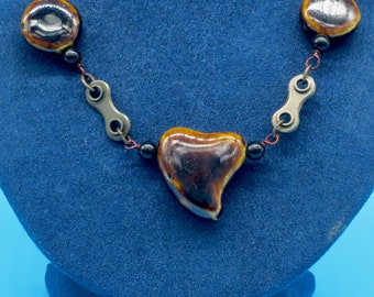 Ceramic Heart Necklace with Chunky Chain, Eco-friendly Gift for Valentine's Day; Bike Part Jewelry for Romantic Cyclist