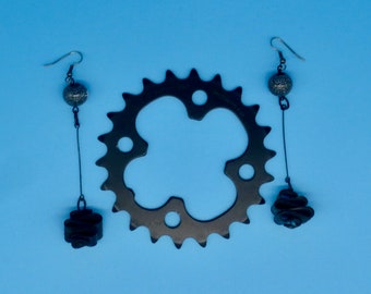 Round Black and White Ceramic Dangle Earrings with Bicycle Inner Tube; Up-Cycled Jewelry for Fashionable Cyclist