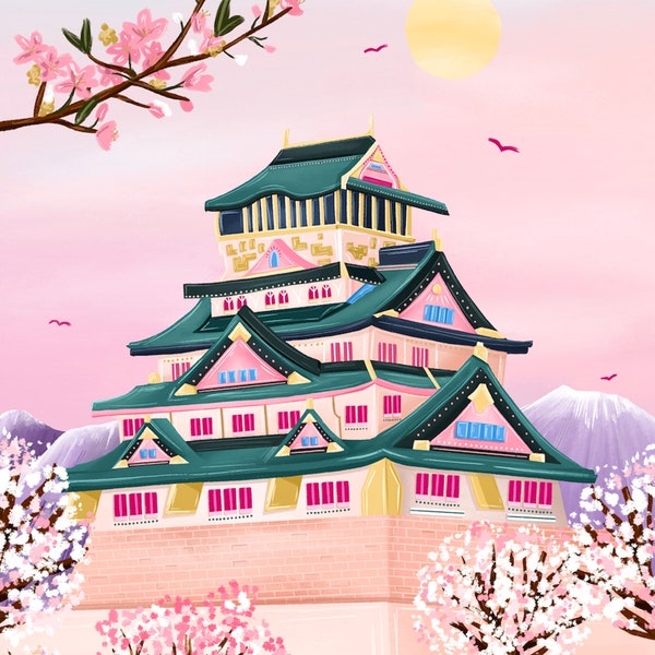 Osaka Castle Pink Cherry Blossoms Japan by Millie Illustrates Paint Anywhere Kit Adult Paint by Number Wall Art