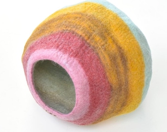 Cat Cave Cat Pod with Colourful Sunset Stripes Wool Felt