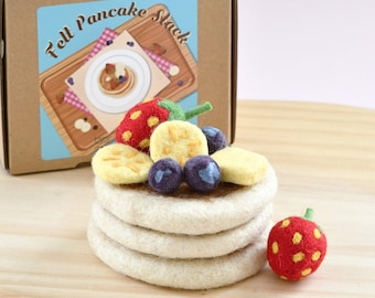 Felt Pancake Stack Play Food Set | Wool Felted Pancake Felt Food Set | 3 Pancakes, Banana Slices, Blueberries, Strawberries and Butter