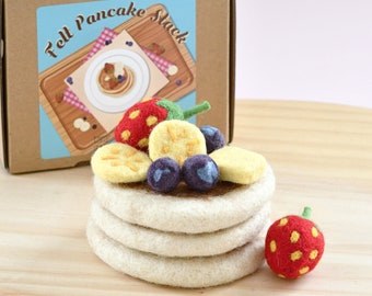 Felt Pancake Stack Play Food Set, Wool Felted Pancake Felt Food Set - 3 Pancakes, Banana Slices, Blueberries, Strawberries and Butter