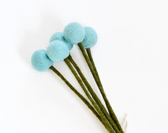 Felt Sky Blue Billy Buttons | Set of 5 Stems | Felt Billy Buttons Flowers | Pastel Floral