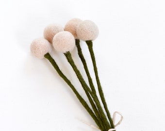 Felt Light Peach Billy Buttons | Set of 5 Stems | Felt Billy Buttons Flowers | Pastel Floral