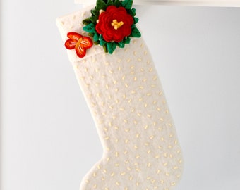 Felt White Christmas Stocking with Red Butterfly and Flower