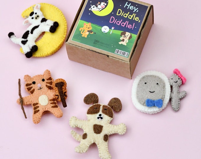 Hey Diddle Diddle Finger Puppet Set | Nursery Rhyme Storytelling |  Cat, Cow, Dog and Dish-Spoon Finger Puppets