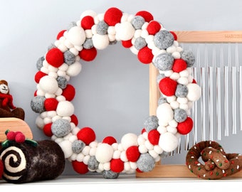 Felt Ball Wreath, Grey, White and Red, Made from Wool Felt