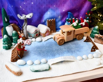 Felt Winter Snow Ice Skating Rink Play Mat Playscape, Felt Christmas Holiday Village Playscape, Tara Treasures Play Mat