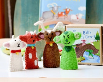 Three Billy Goats Gruff Finger Puppet Set, Storytelling Finger Puppets Made from Wool Felt