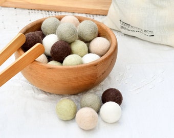 30 Wool Felt Balls in a Pouch | 3cm Felt Balls | Neutral Brown Grey White Colours