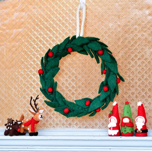Felt Christmas Wreath with Red Berries | Made from Wool Felt | Wreath for Mantel and Door