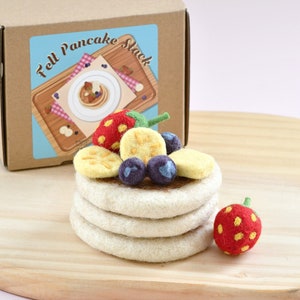 Felt Pancake Stack Play Food Set | Wool Felted Pancake Felt Food Set | 3 Pancakes, Banana Slices, Blueberries, Strawberries and Butter