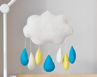 Cloud Baby Nursery Cot Crib Mobile with Blue Yellow White Droplets Wool Felt